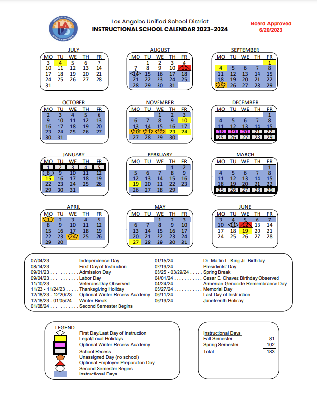 2024 And 2024 Academic Calendar Lausd Lina Shelby