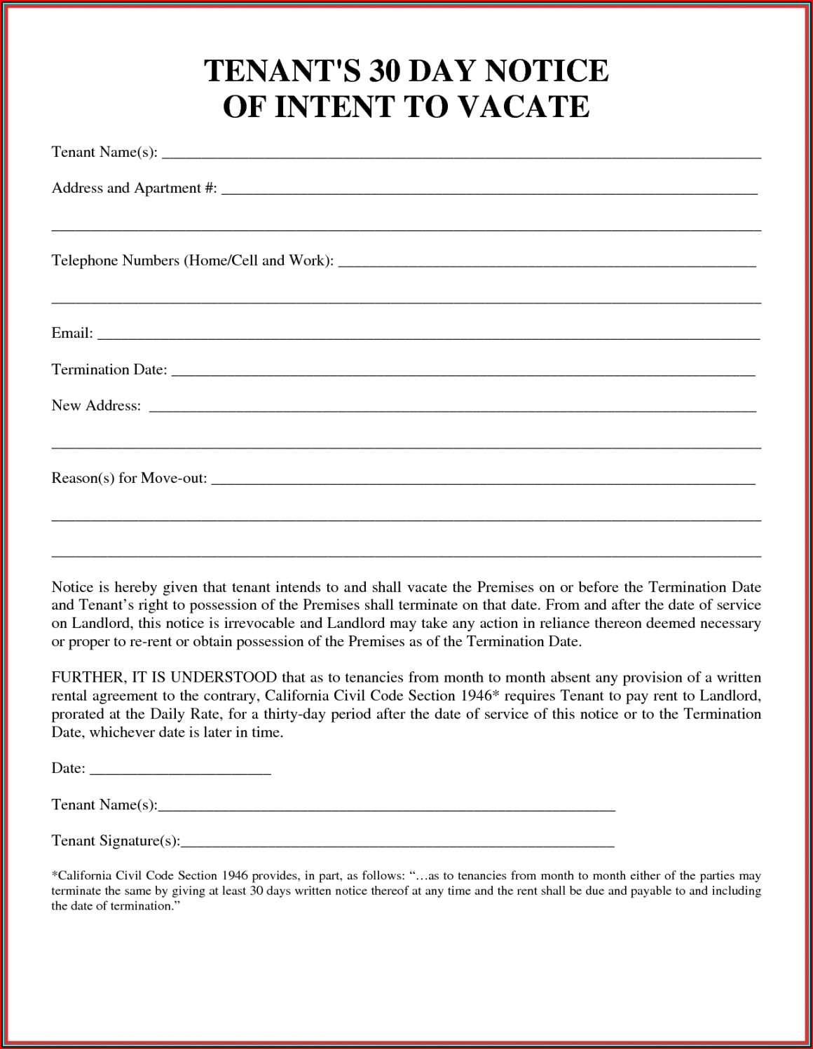 Free Printable 30 Day Notice To Vacate California