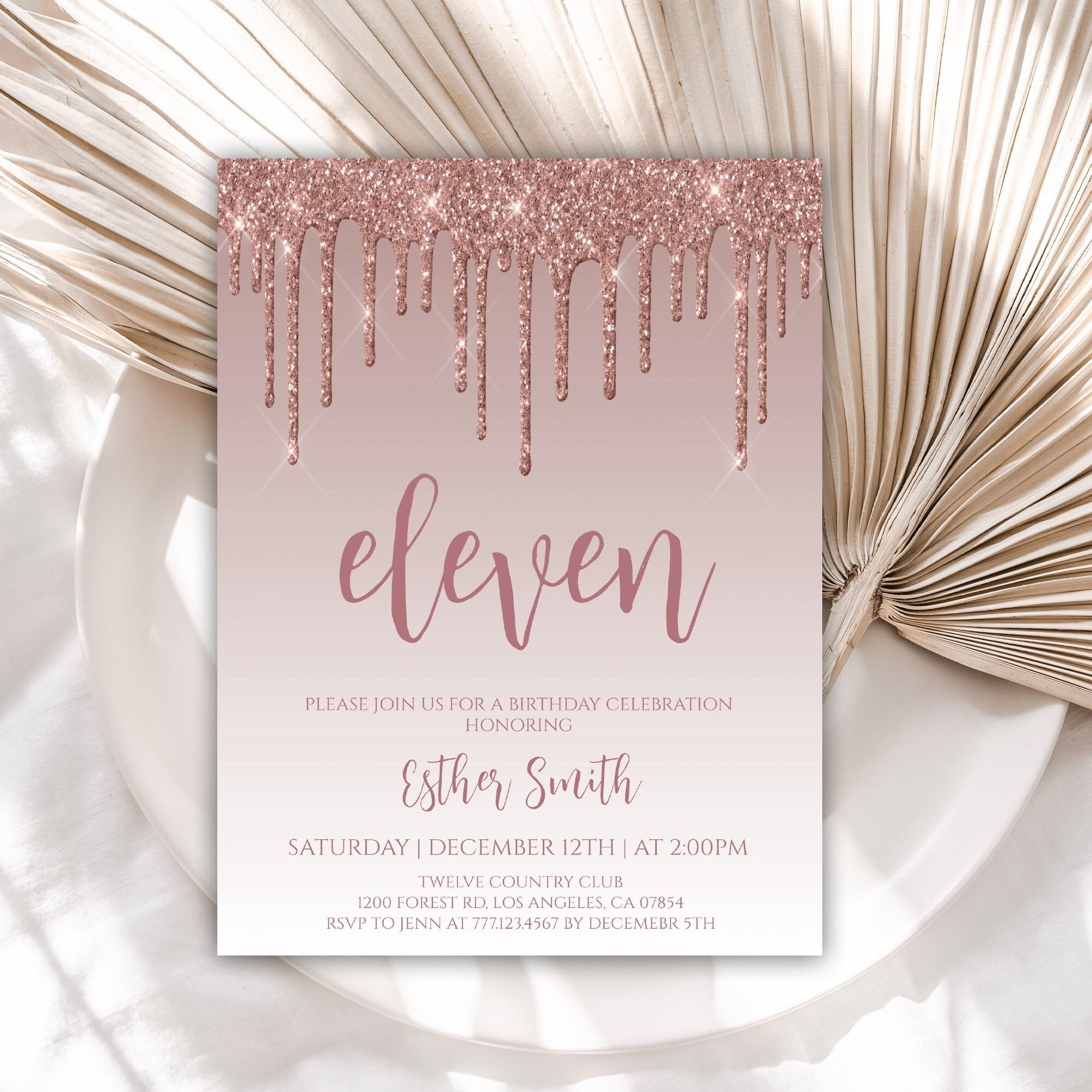 11th Birthday Invitation Rose Gold Birthday Invitations Kids Birthday 