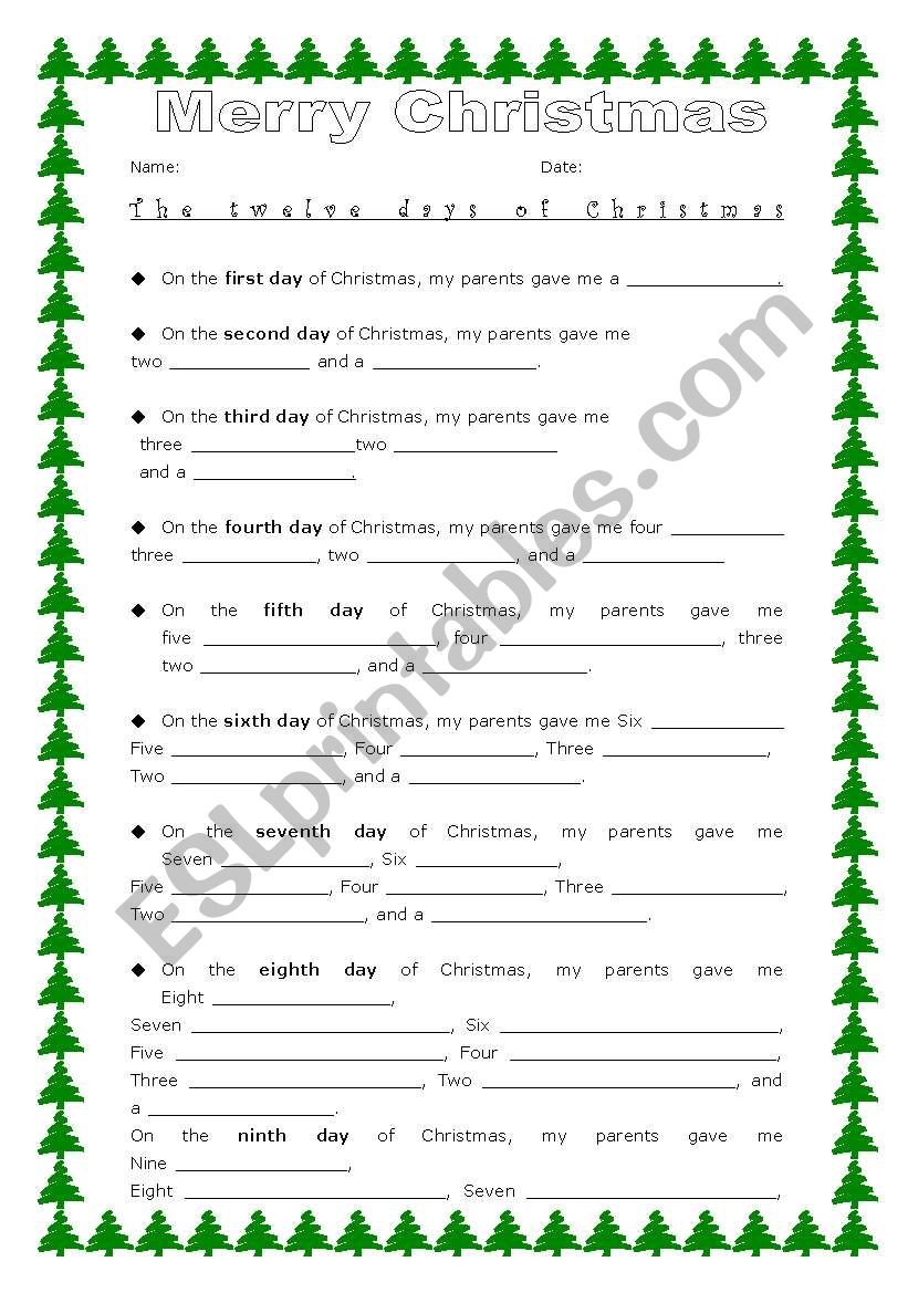 12 Days Of Christmas Lyrics PDF Worksheets Library