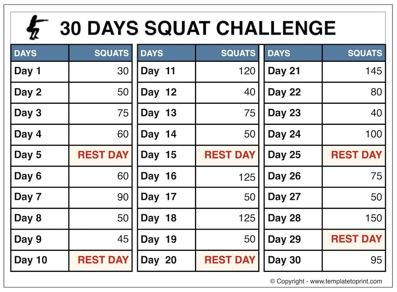 30 Day Squat Challenge Calendar Printable