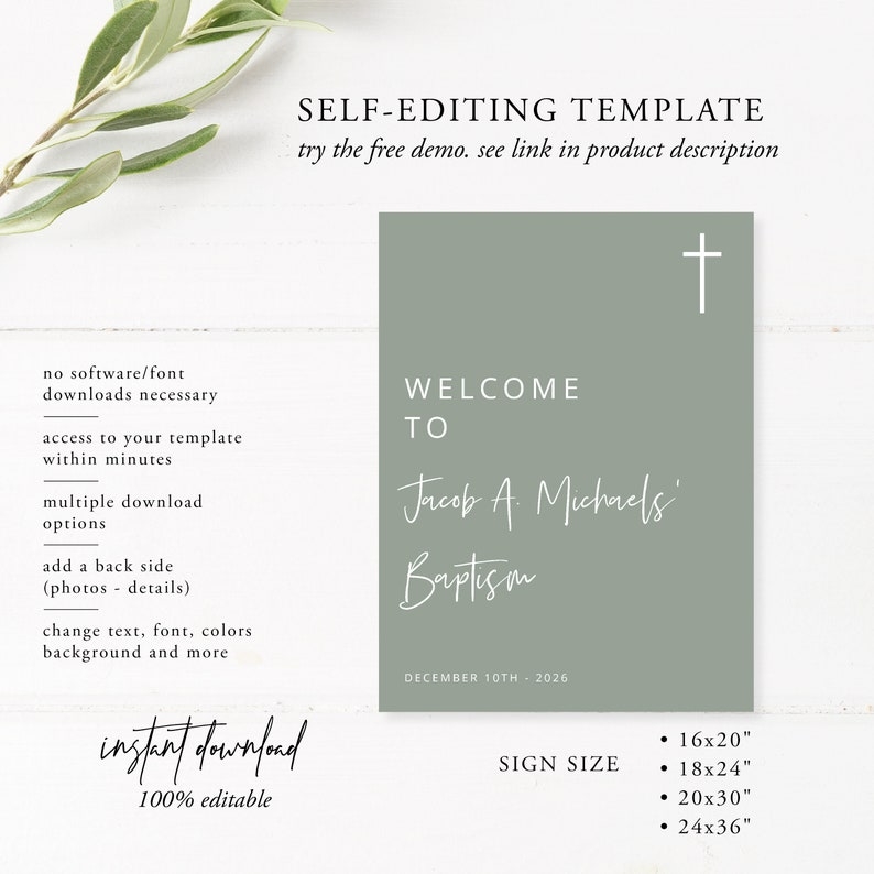 Baptism Welcome Sign Template Green Baptism Sage Green Etsy