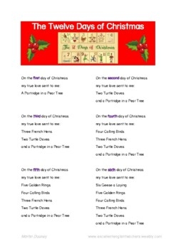 Christmas Lyrics The Twelve Days Of Christmas Song Worksheets Library