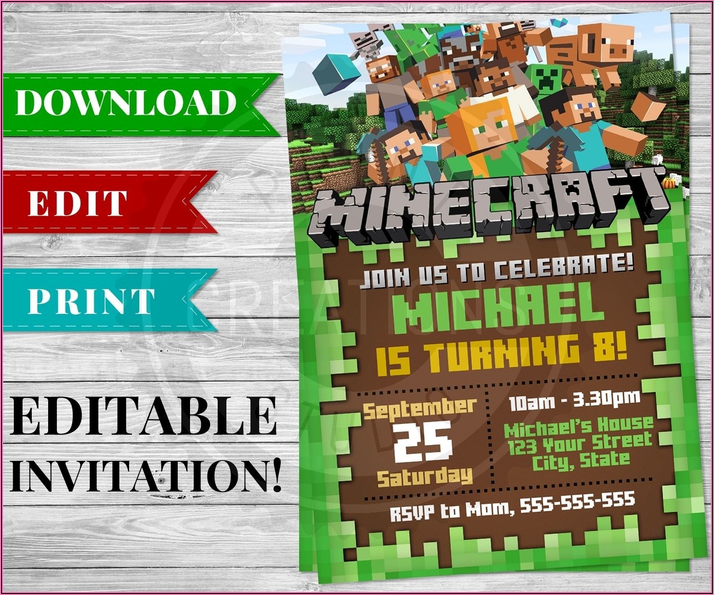 Downloadable Free Printable Minecraft Birthday Invitations 