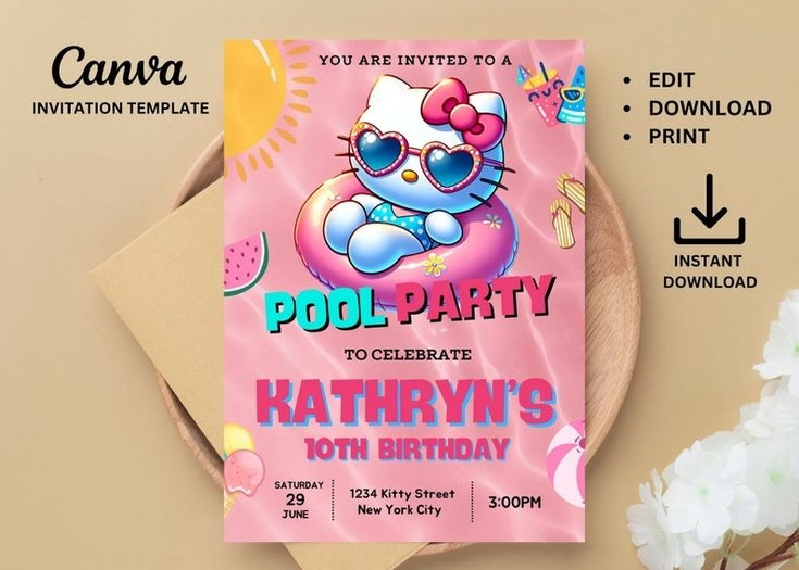 Editable Hello Kitty Pool Party Invitation Template En 2024