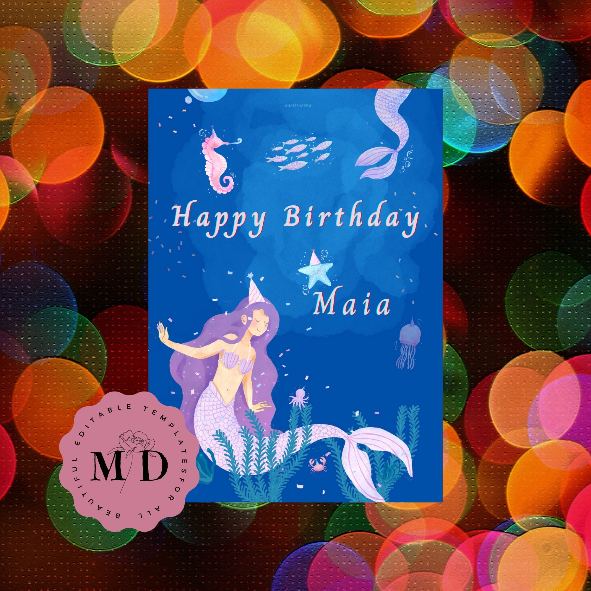EDITABLE Mermaid Birthday Card Template DIGITAL DOWNLOAD Instant 