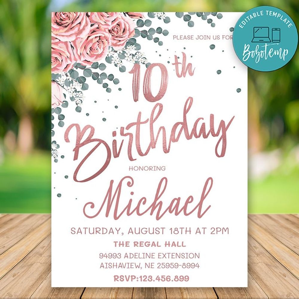 Editable Rose Gold 10th Birthday Invitation Instant Download Bobotemp