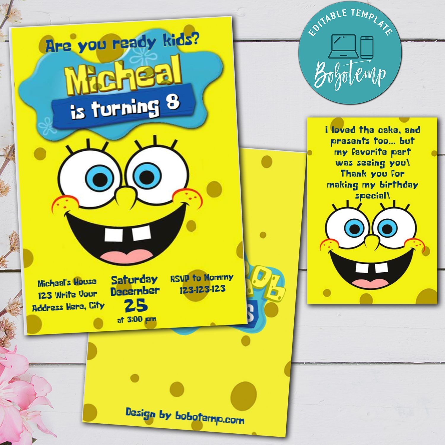 Editable SpongeBob Birthday Invitation And Free Thank You Card
