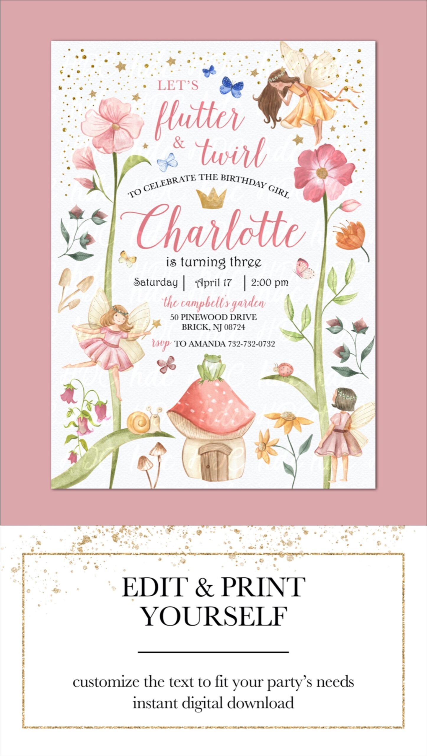 Fairy Princess Birthday Invitation Whimsical Fairytale Enchanted 
