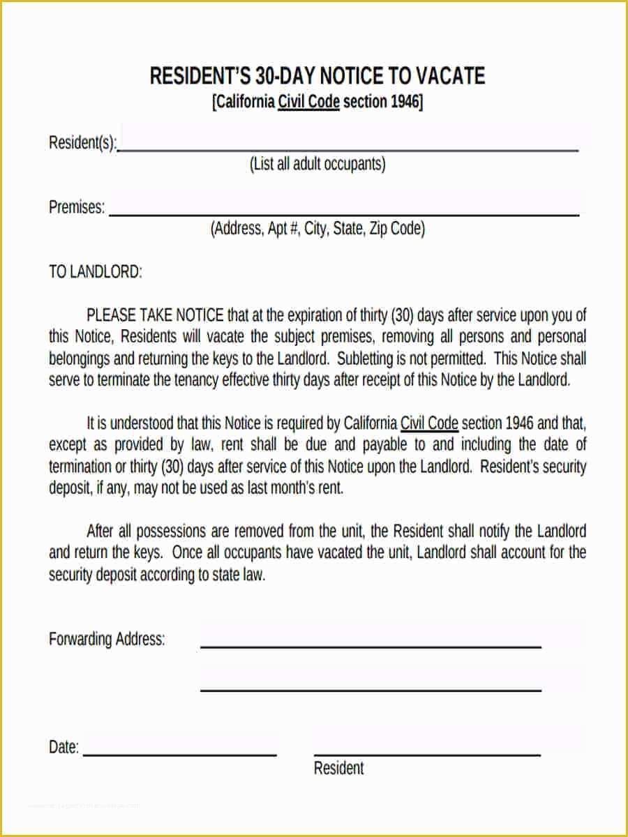 Free 30 Day Notice To Vacate California Template Of 30 Day Notice To 