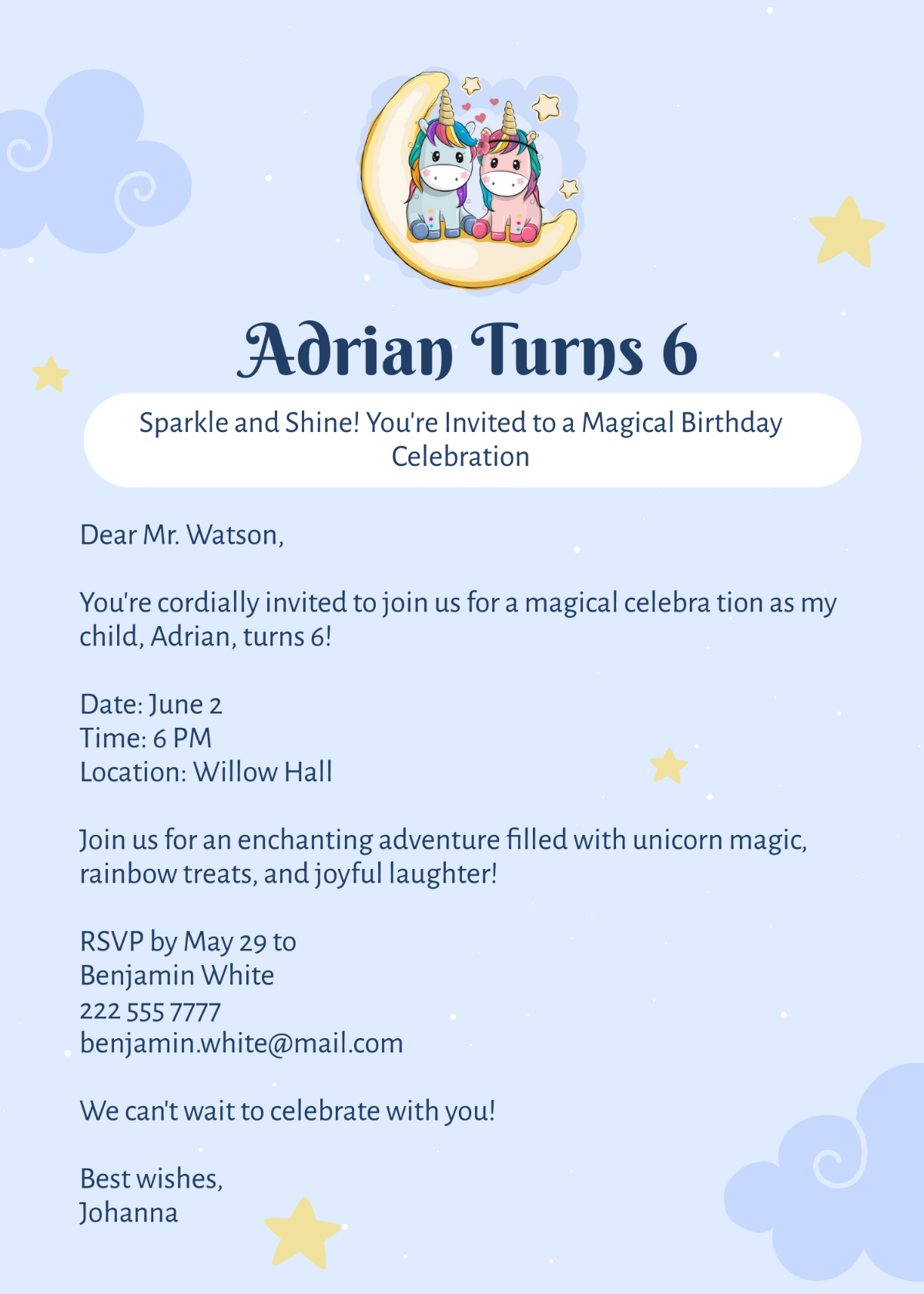 Free Unicorn Birthday Invitation Template To Edit Online