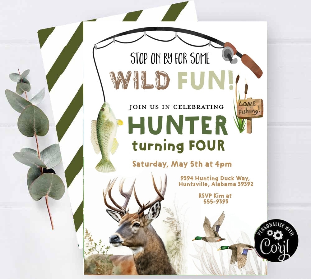 HUNTING FISHING Birthday Invitation Deer Fish Duck Hunting 