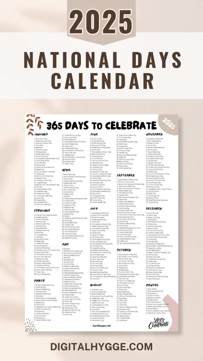 National Day Calendar 2025 Printable With Holidays Calendars 2025