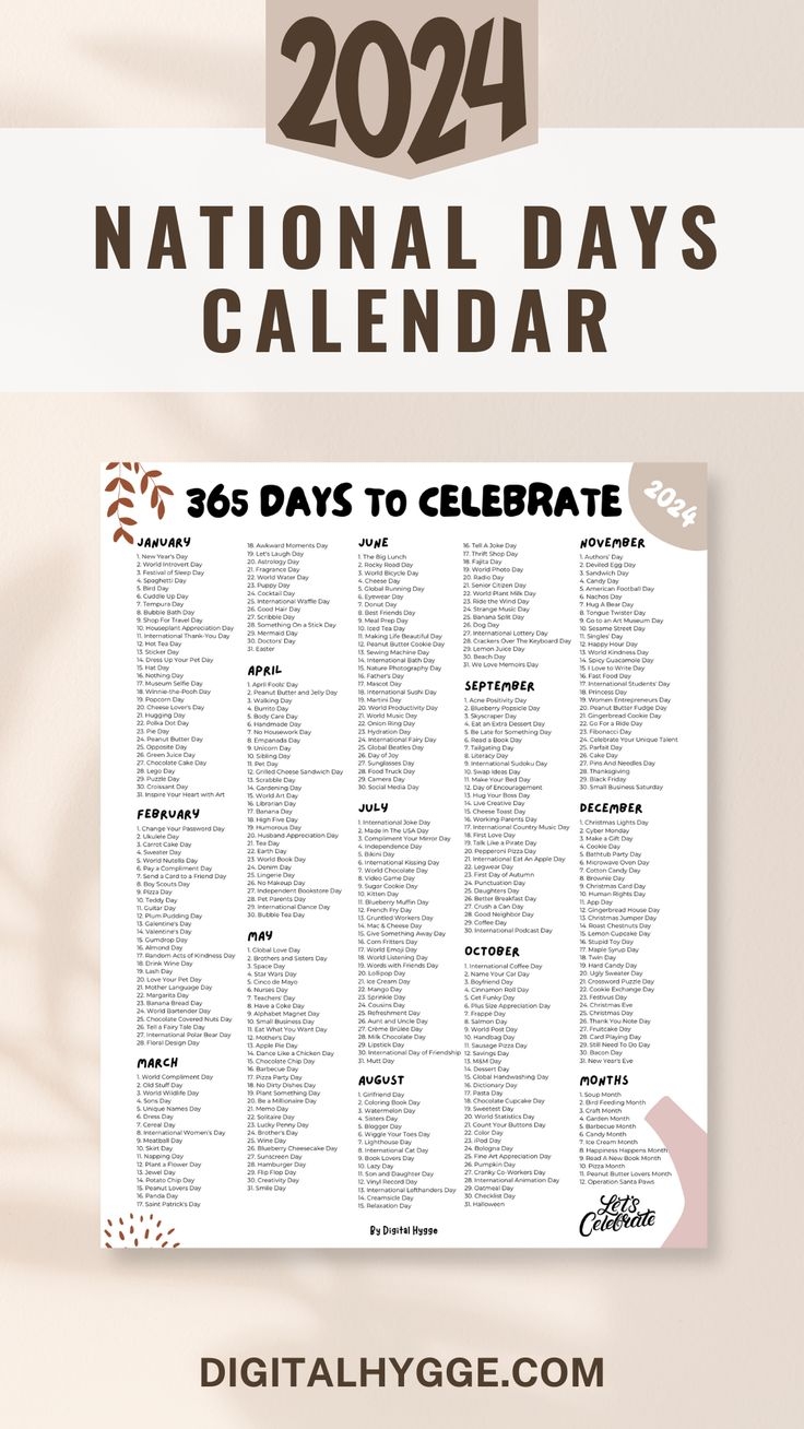 National Days And Holidays 2024 Printable PDF National Day Calendar 