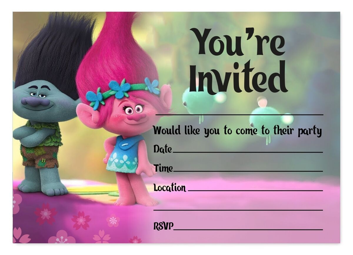 POPPY TROLL THEME BIRTHDAY PARTY INVITATIONS PINK INVITES CHILDREN 