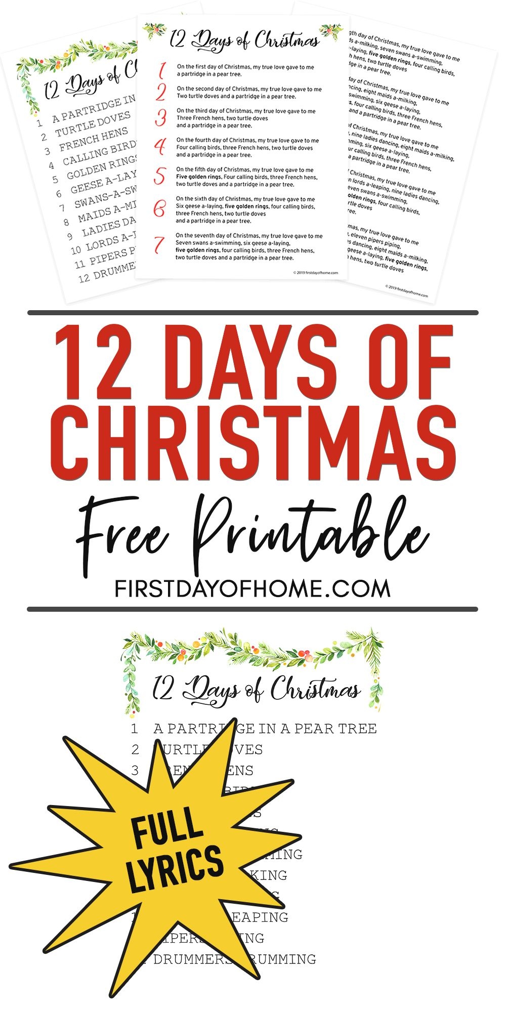 Printable 12 Days Of Christmas Lyrics