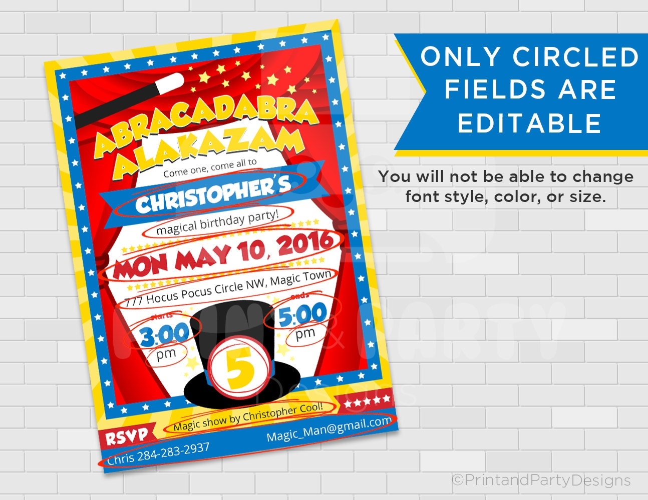 Printable 5x7 Magic Birthday Party Invitations Magician Birthday 