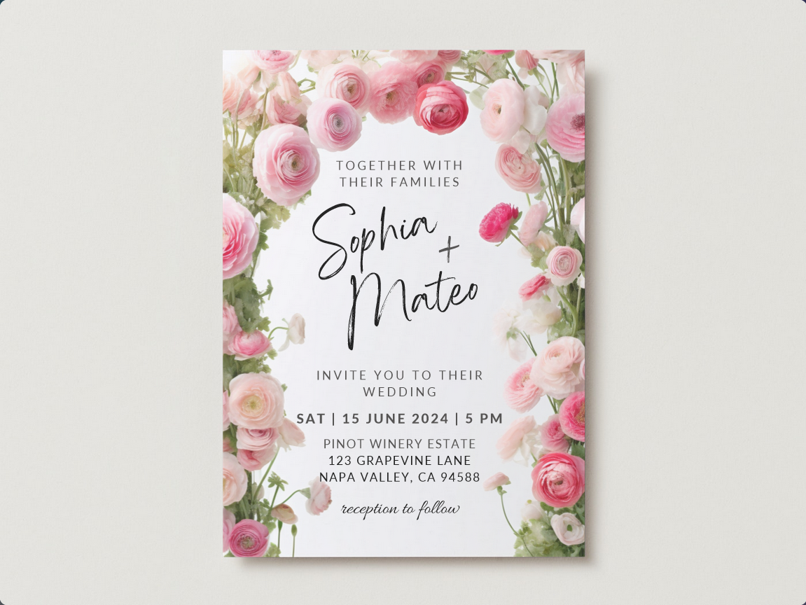 Printable DIY Wedding Invitation Templates With Pink Ranunculus 