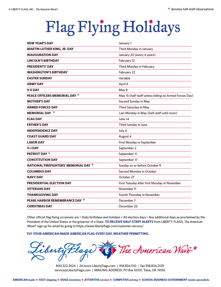 Printable List Of Days To Fly The American Flag