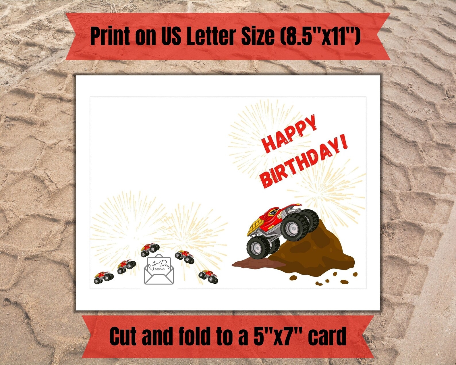 Printable Monster Truck Birthday Card Digital 5x7 Card Red Monster 