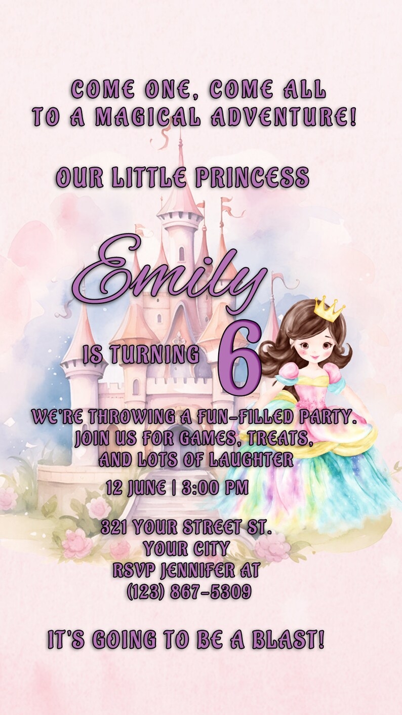 Printable Princess Birthday Card Template 5x7 Editable Photoshop 