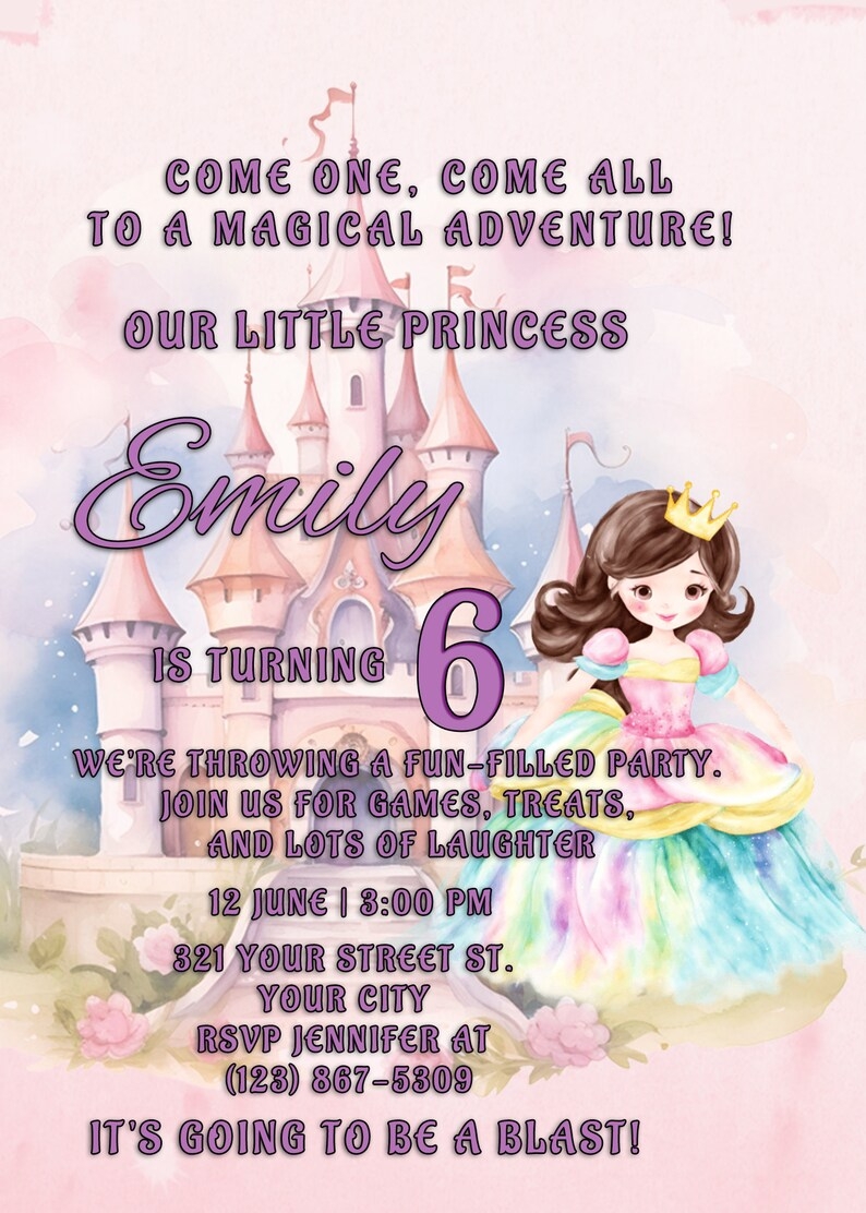 Printable Princess Birthday Card Template 5x7 Editable Photoshop 