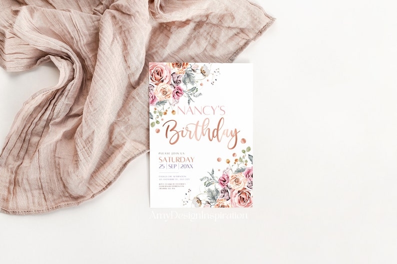 Rose Gold Birthday Invitation Template Rose Gold Birthday Etsy