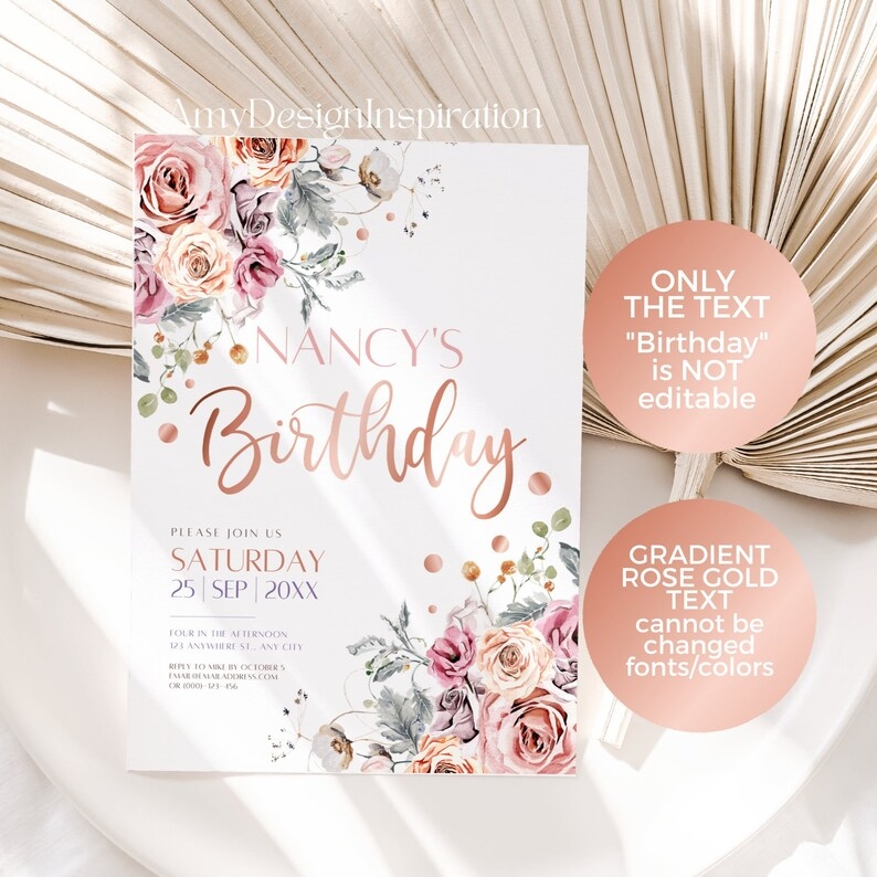 Rose Gold Birthday Invitation Template Rose Gold Birthday Etsy