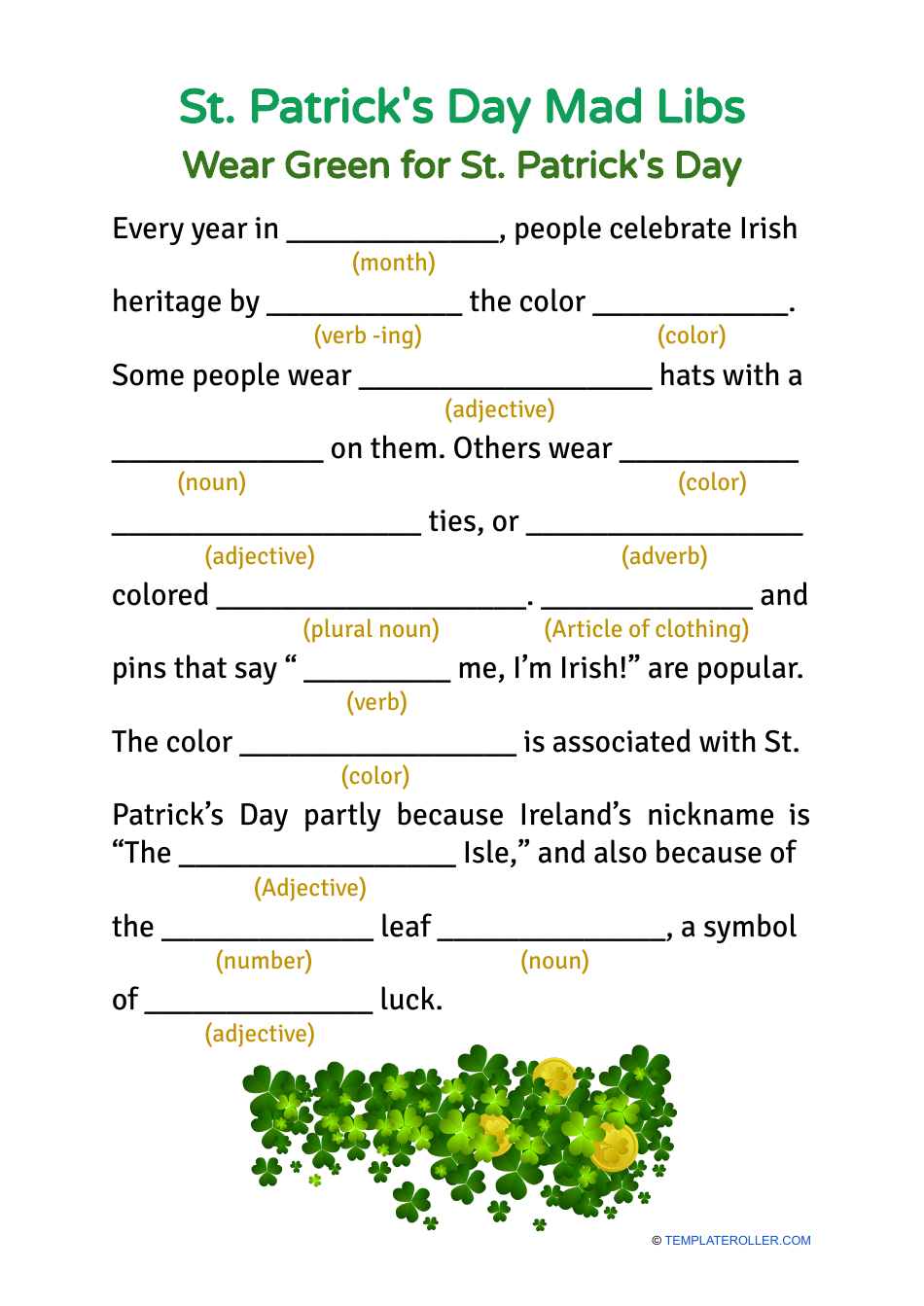 St Patrick 39 s Day Mad Libs Wear Green Download Printable PDF 