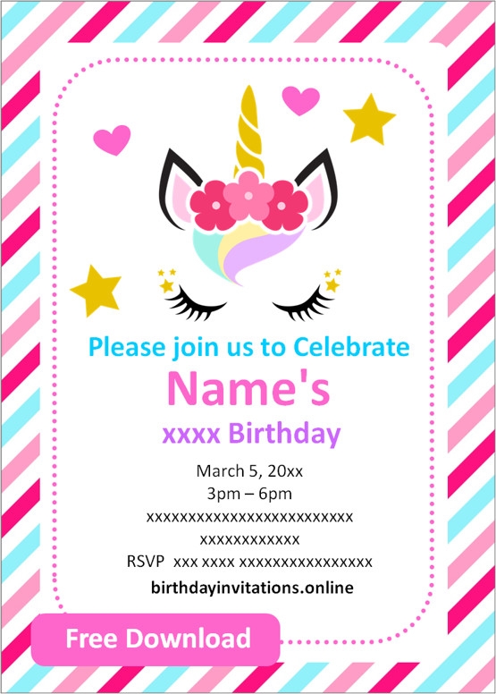 Unicorn Girl Birthday Invitations Templates Free