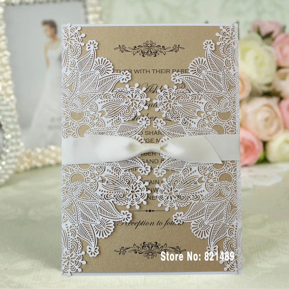 White Lace Invitation Rustic Wedding Invitation Unique Custom 